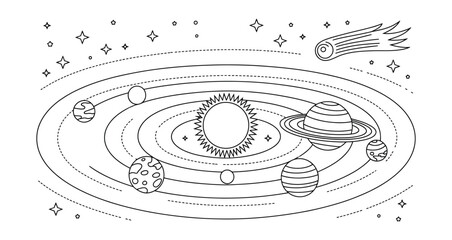 Stylized black and white line drawing of solar system with planets, comet, stars, and moons, symbolizing space, astronomy, and cosmic order