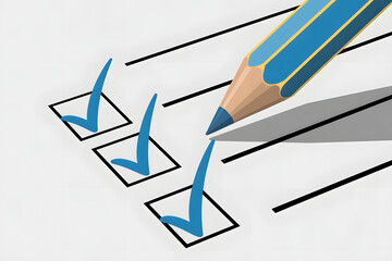 Close-up of a blue pencil marking checkmarks on a checklist emphasizing completion and tasks.