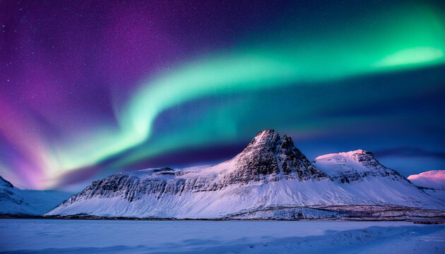 stunning northern lights aurora borealis over snow covered mountains vibrant green and purple sky magical night landscape arctic wilderness scenery polar lights in winter - Powered by Adobe