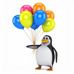Fototapeta premium Penguin Holding Bunch of Balloons in a Cheerful 3D Rendering with Vibrant Colors on a White Background