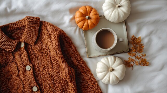 cozy fall flatlay with knit sweater pumpkin and coffee drink
