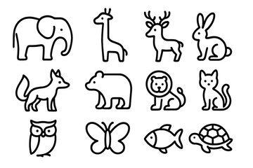Animal outline icon set. Wildlife, bird, mammal collection. Vector line art logo symbols. Simple cartoon illustration of elephant, lion, bear, fox, deer, fish, and owl icons.
