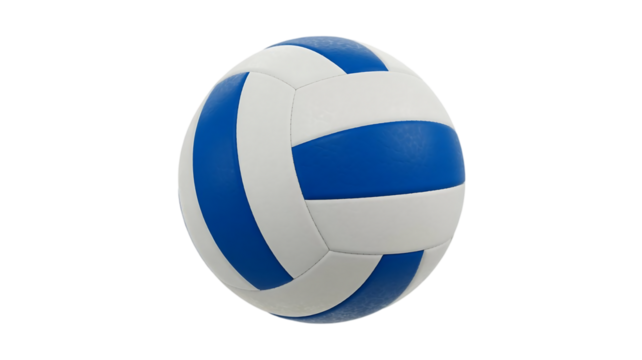 A single blue and white volleyball with distinct paneling is presented in a studio shot isolated on transparent background