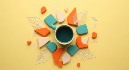 Colorful Geometric Ceramic Mug Surrounded by Decorative Leaf Shapes on Yellow Background