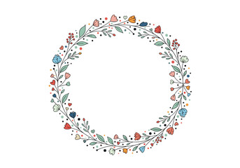 Whimsical garland of tiny flowers berries and leaves creates a delicate circular design
