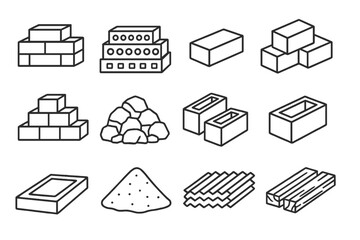 Building materials icon set. Construction supplies outline collection. Vector icons of brick, cement block, stone, sand, and wood. Masonry and architecture linear symbols.