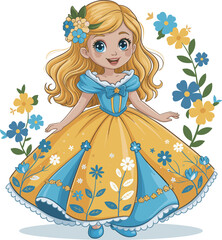 Cute princess character in yellow blue floral dress, cartoon girl illustration, digital art, fairytale outfit, magical anime style
