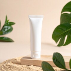 White Cosmetic Tube Mockup Displayed Against Lush Greenery on Beige Background