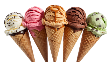 Five delicious scoops of assorted ice cream flavors in waffle cones arranged in a fan shape isolated on transparent background
