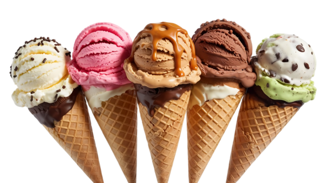 A row of five delicious ice cream cones with various flavors and toppings isolated on a transparent background isolated on transparent background