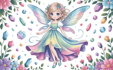 Magical fairy girl with rainbow wings, fantasy dress, surrounded by crystals, flowers, and sparkles, anime style whimsical illustration