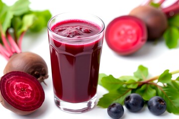 freshly squeezed beetroot juice in a clear glass, surrounded by beets and greens, a healthy and vibrant scene