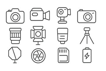 Camera equipment outline icon set. Photography and video gear symbols. Vector line art collection for photographer and filmmaker. Lens, tripod, light, flash, memory card icons.