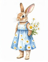 Obraz premium Cartoon Rabbit in a Blue Floral Dress Holding Daisies Adorable Domestic Mammal on White Background
