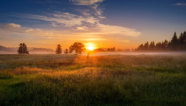 serene sunrise over misty field a tranquil sunrise scene symbolizing peace new beginnings hope nature s beauty and the passage of time the sun rises majestically over a field shrouded in mist
