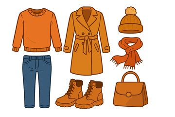 Autumn fashion clothes set. Woman's fall winter outfit collection with trench coat, sweater, jeans, boots, scarf, hat, bag. Vector cartoon flat lay isolated illustration.