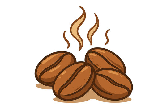 Roasted coffee beans with steam vector icon. Hot steaming coffee beans logo concept for cafe or shop. Aromatic espresso grain illustration for beverage and caffeine themes.