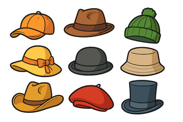 Cartoon hats set. Vector illustration of fashion headwear collection. Includes fedora, beanie, cap, sunhat, cowboy, bowler, beret and top hat. Isolated head accessory icons.