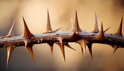 close up of a thorny branch showcasing sharp brown thorns against a blurred beige background the texture of the wood is visible emphasizing the harshness of the thorns generative ai