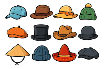Vector collection of diverse cartoon hats. Headwear accessory icon set for men and women. Fashion illustration includes cap, fedora, sombrero, top hat, beanie, beret, cowboy.
