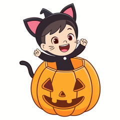 Cute Boy in Cat Costume Sitting Inside Pumpkin Halloween Vector Illustration