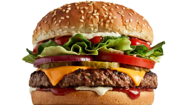 Deliciously stacked gourmet cheeseburger with sesame seed bun fresh lettuce tomato onion pickles and melted cheese isolated on transparent background