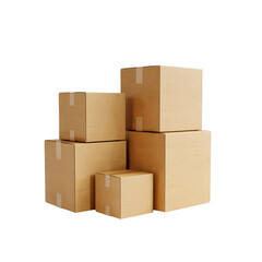 Stack of various sized cardboard moving boxes neatly arranged in a pyramid formation isolated on transparent background