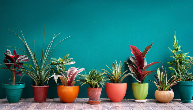 colorful potted plants against a teal wall