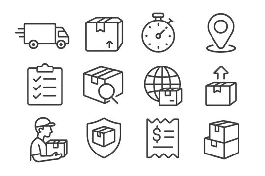 Delivery and Shipping Line Icon Set, Logistics and Package Tracking Linear Icons Collection, Vector Cartoon Illustration with Transparent Background, Ordered Set 1