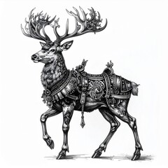 Obraz premium Elaborate Black and White Engraving of a Stag Adorned with a Saddle and Embellishments