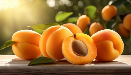 fresh ripe orange apricots healthy and sweet on the table and tree