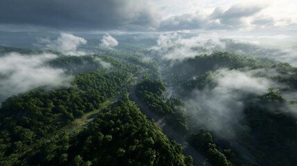 Obraz premium Overlook of a foggy mountain highway winding through a lush, green forest