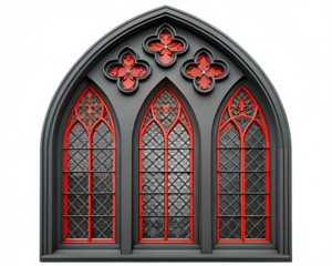 black church window with red decoration ornaments isolated on white background ,PNG. AI Generated.