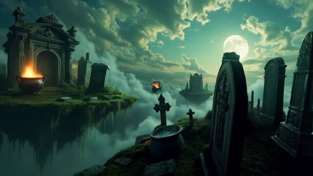 A spooky graveyard floating in the sky with a full moon and cauldrons with fire burning in them halloween background video