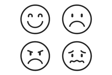 Fototapeta premium Emotions and Expressions Line Icon Set with Happy, Sad, Angry, and Worried Faces, Vector Cartoon Outline Collection, Transparent Background, Emotional Mood Symbols
