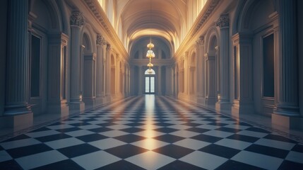 Elegant palace hallway, checkered floor, grand entrance, warm lighting, interior design