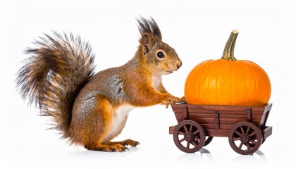 Obraz premium Cute Squirrel Pushing a Small Wooden Cart Loaded with an Orange Pumpkin Isolated on White Background