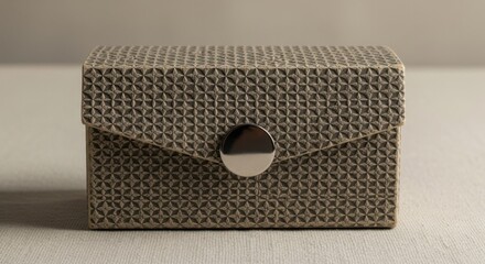 Elegant Geometric Patterned Clutch Bag with Silver Circular Closure on Light Surface