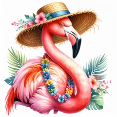 Obraz premium Pink Flamingo Adorned With Floral Lei and Straw Hat in Watercolor Style