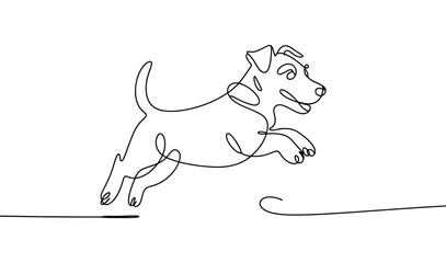 Minimalist continuous line drawing of a leaping dog, symbolizing energy, joy, motion, and artistic expression in a fluid modern style
