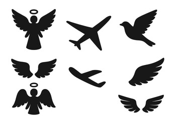 Obraz premium Angel flight silhouette icon set. Winged bird, dove, aviation, and airplane symbols. Heaven, freedom, religious, and travel concepts. Vector graphic design elements collection.