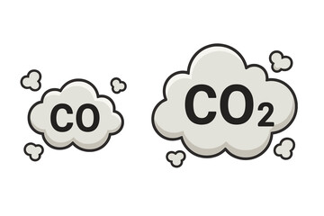 CO carbon monoxide and CO2 carbon dioxide gas emissions. Air pollution icons. Smoke cloud vector. Greenhouse gas, exhaust fume concept. Climate change chemical formula.