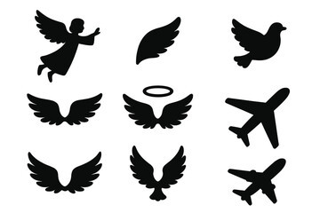 Obraz premium Angel wings and flight icon set. Black silhouette collection of religious, bird, and aviation symbols. Vector graphic elements for travel, peace, freedom, and heaven concepts.