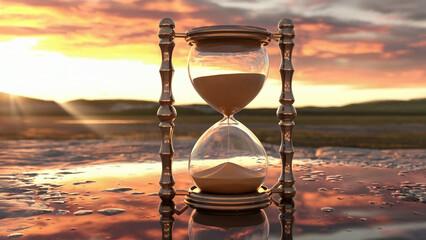 Hourglass with sand falling at sunset over water