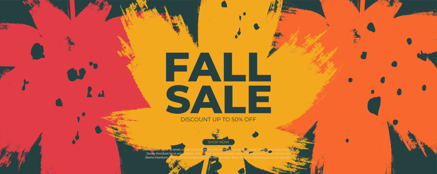 Fall Sale Banner. Autumn Season commercial background with brush stroke autumn maple leaves for seasonal shopping promotion and sale advertising. Vector illustration.