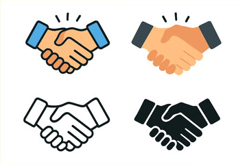 Handshake icon set for business partnership and collaboration. Vector agreement symbols. Line art, flat cartoon, and silhouette styles for deal, contract, and teamwork concepts.