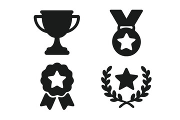 Award icons set. Trophy cup, medal, rosette, laurel wreath symbols. Vector illustration for victory, success, achievement, winner prize, first place, quality, champion.