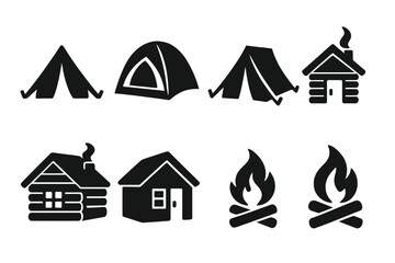 Camping silhouette icon set with tents, cabins, and campfires. Outdoor adventure, hiking, and travel concept. Vector collection of forest shelters, log houses, and bonfire symbols.