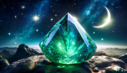 paraiba tourmaline gemstone glowing in a night sky setting with celestial elements