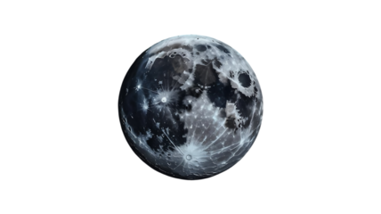 Detailed view of the full moon with visible craters and surface textures isolated on transparent background